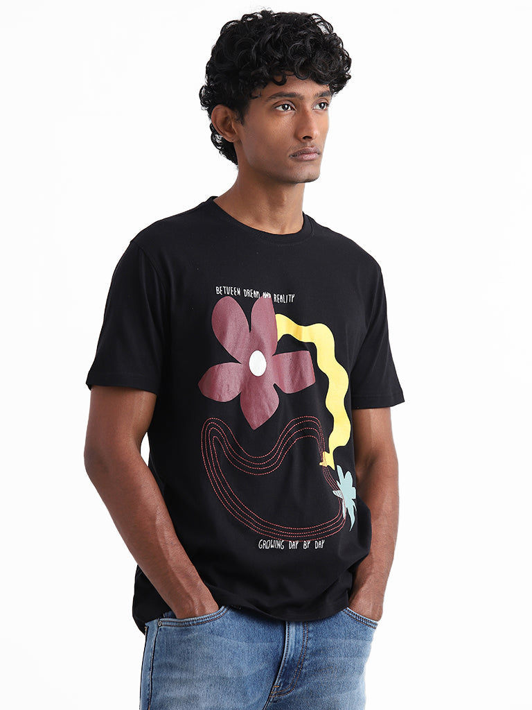 Nuon Black Floral Graphic Printed Cotton Slim-Fit T-Shirt