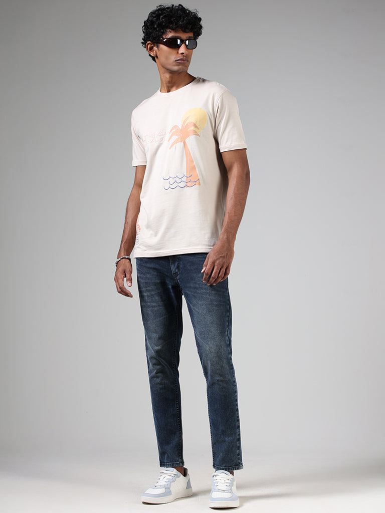 Nuon Beige Printed Cotton Slim-Fit T-Shirt