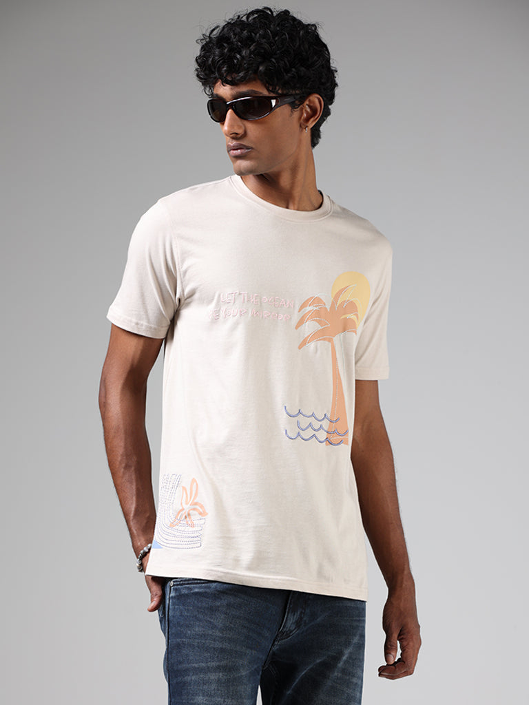 Nuon Beige Printed Cotton Slim-Fit T-Shirt