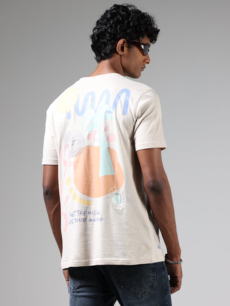 Nuon Beige Printed Cotton Slim-Fit T-Shirt