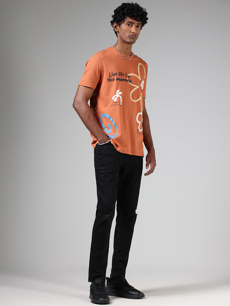 Nuon Burnt Orange Printed Cotton Slim-Fit T-Shirt