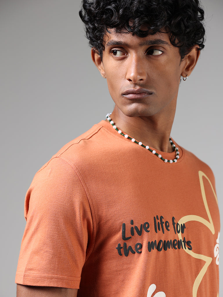 Nuon Burnt Orange Printed Cotton Slim-Fit T-Shirt