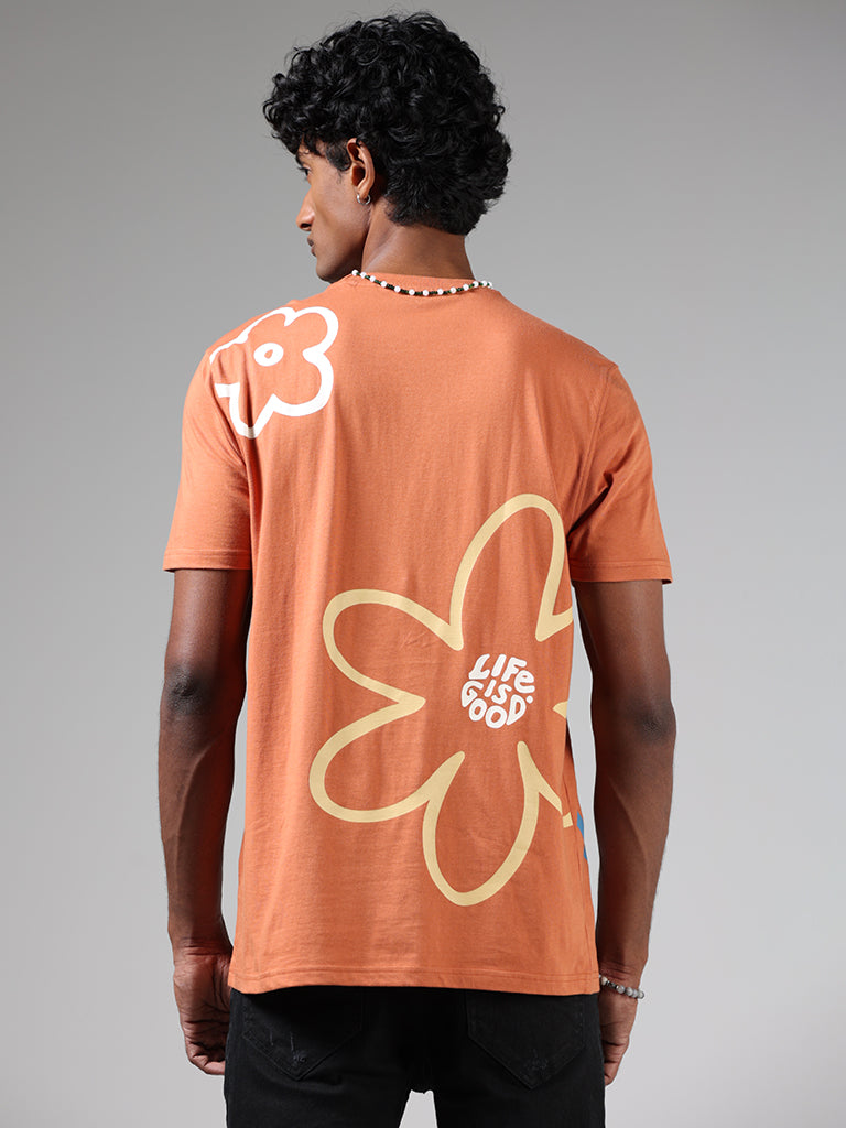 Nuon Burnt Orange Printed Cotton Slim-Fit T-Shirt