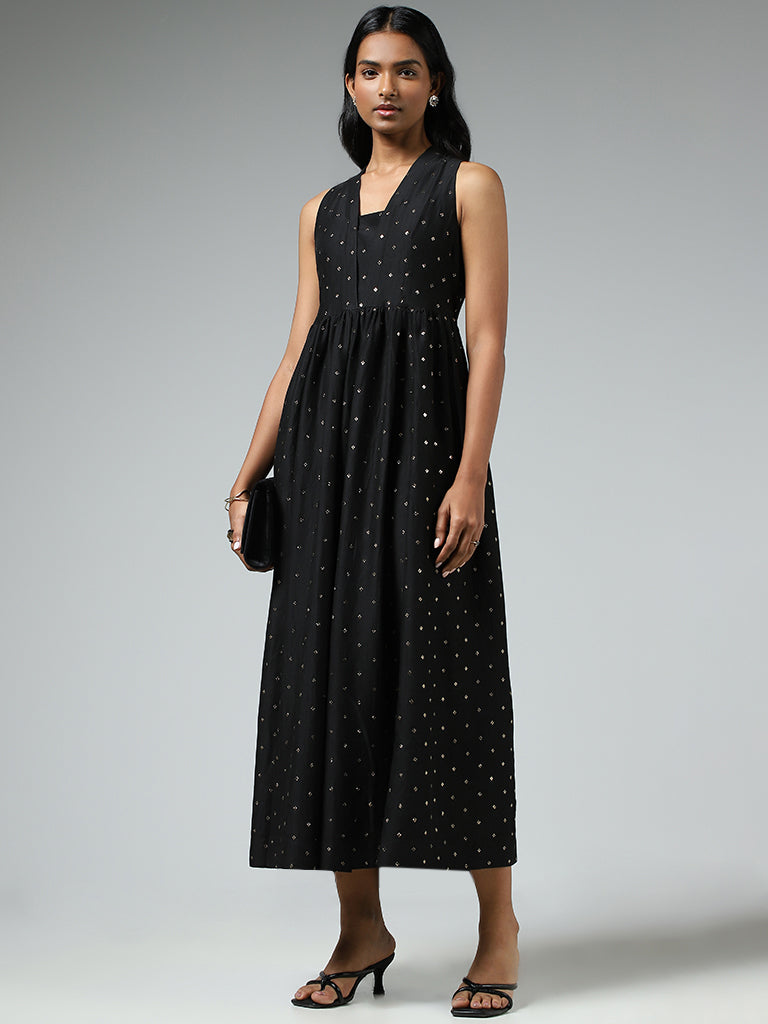 Vark Black Printed Gathered Midi Dress