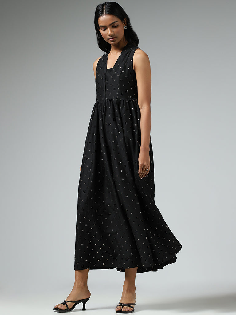 Vark Black Printed Gathered Midi Dress