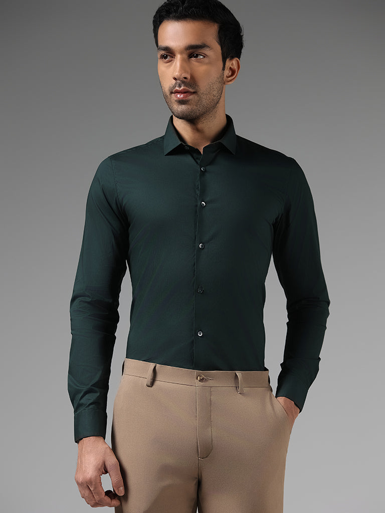 WES Formals Solid Green Ultra-Slim Fit Shirt