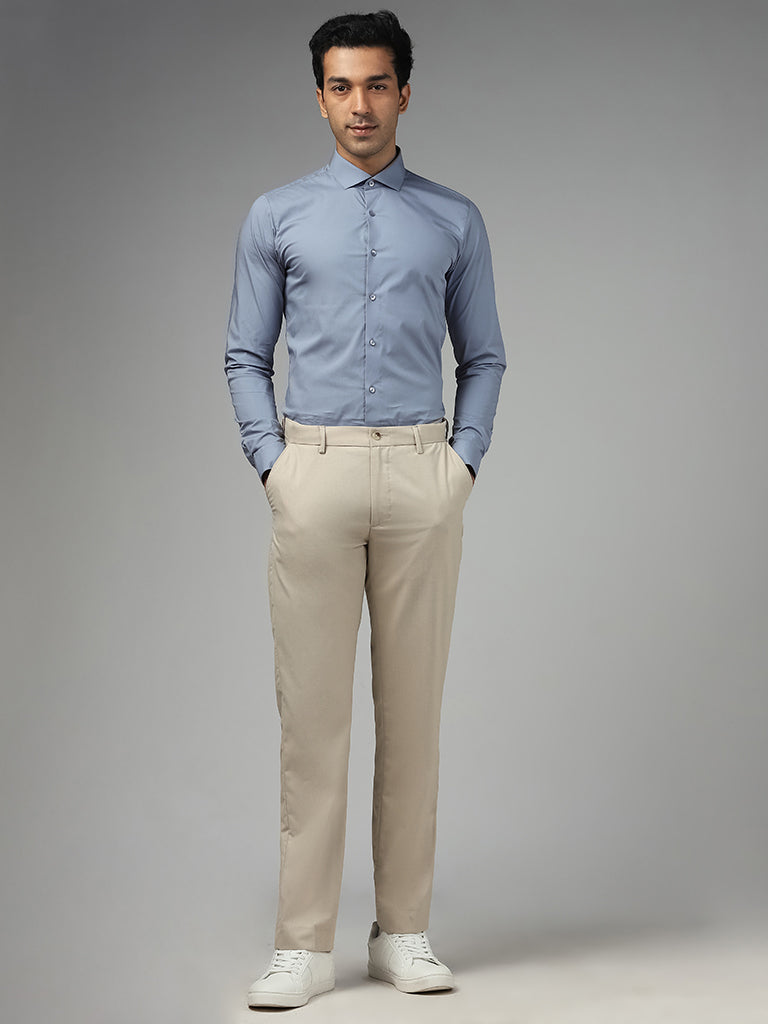 WES Formals Solid Ultra-Slim Fit Light Blue Cotton Blend Shirt