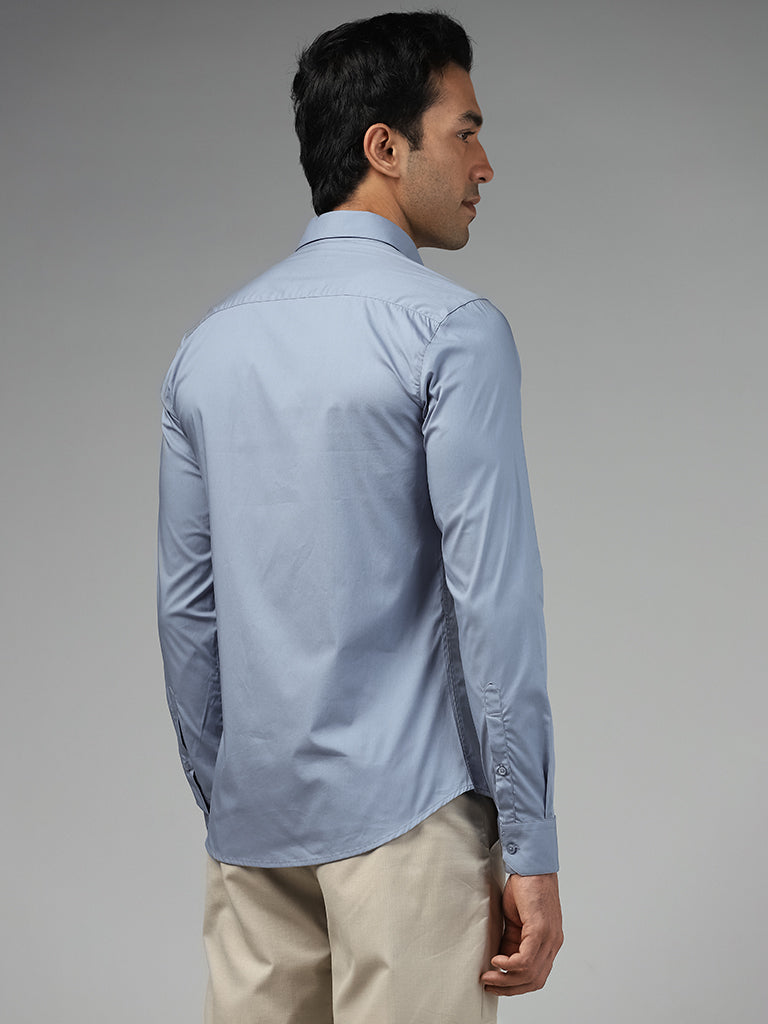 WES Formals Solid Ultra-Slim Fit Light Blue Cotton Blend Shirt