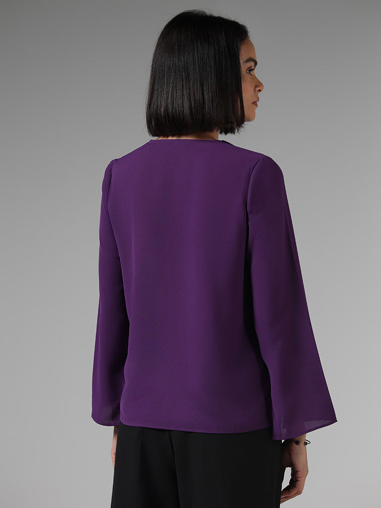 Wardrobe Solid Dark Purple Ruffle Neck Slim Fit Top