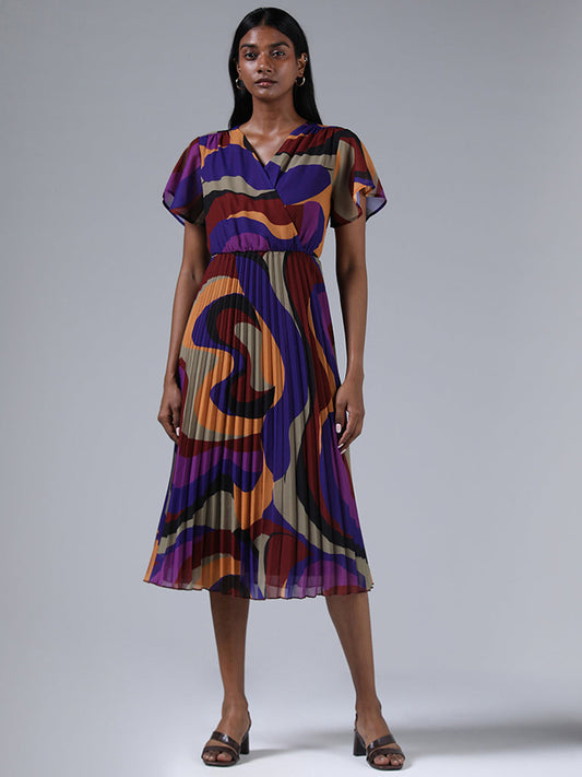 Wardrobe Purple Abstract Printed Pleated Slim Fit Dress