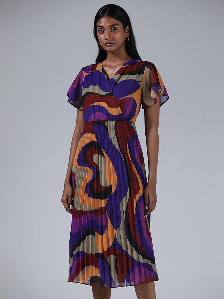 Wardrobe Purple Abstract Printed Pleated Slim Fit Dress