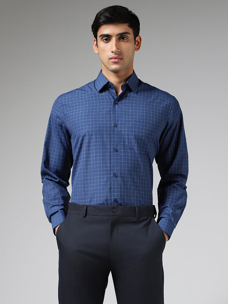 WES Formals Blue Graph Checked Relaxed-Fit Shirt