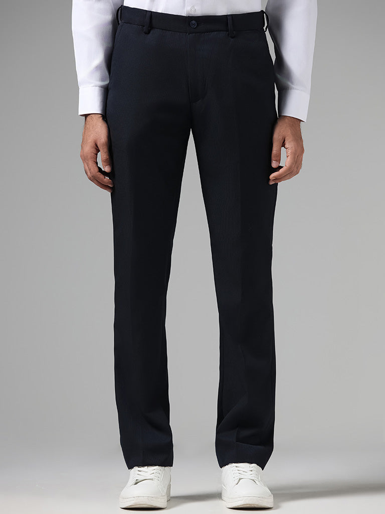 WES Formals Solid Navy Relaxed-Fit Mid-Rise Trousers