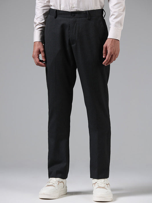 WES Formals Black Relaxed-Fit Mid-Rise Trousers