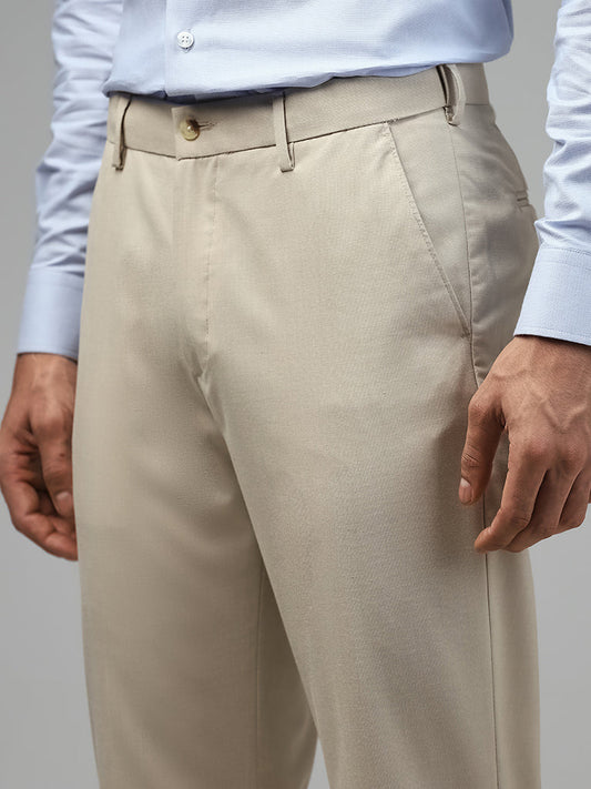 WES Formals Solid Light Beige Relaxed-Fit Mid-Rise Trousers