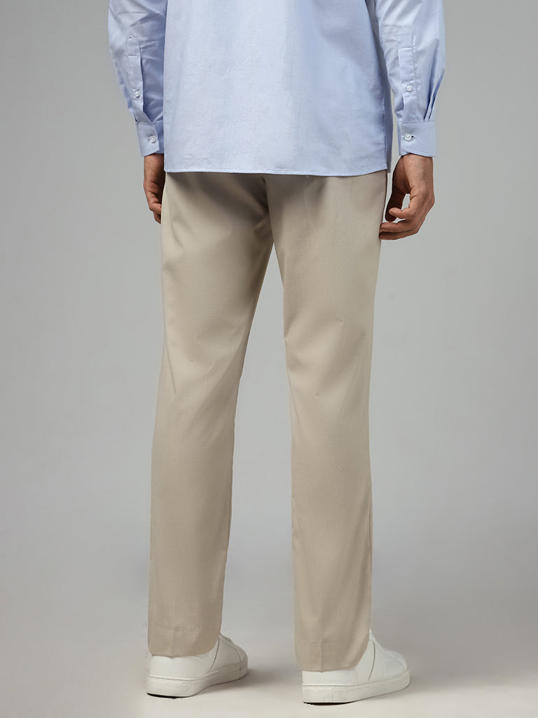 WES Formals Solid Light Beige Relaxed-Fit Mid-Rise Trousers