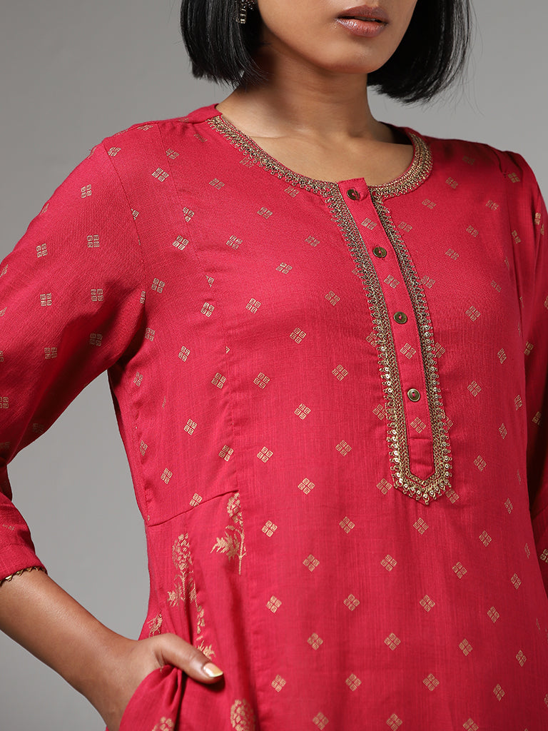 Utsa Pink Zari Embroidered and Printed A-Line Kurta