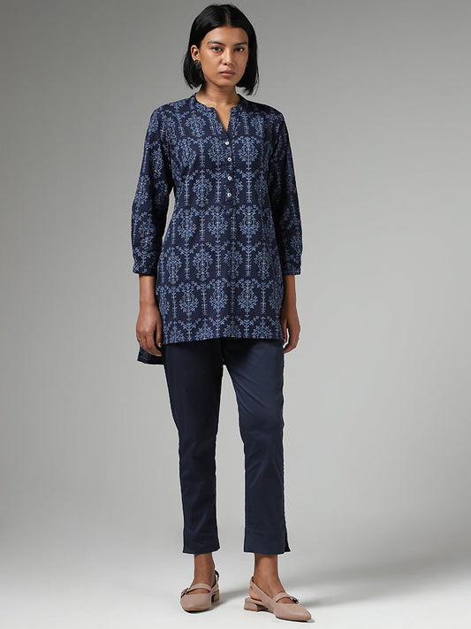 Utsa Navy Blue Printed High Low Kurti