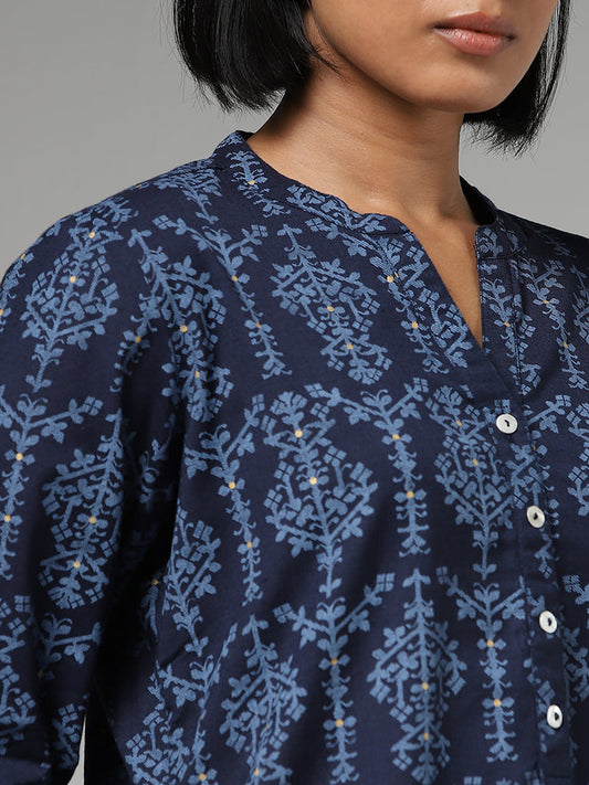 Utsa Navy Blue Printed High Low Kurti