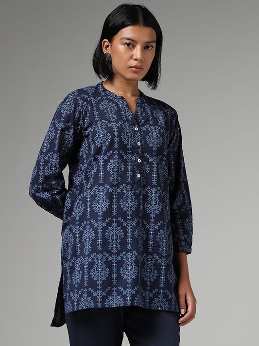 Utsa Navy Blue Printed High Low Kurti