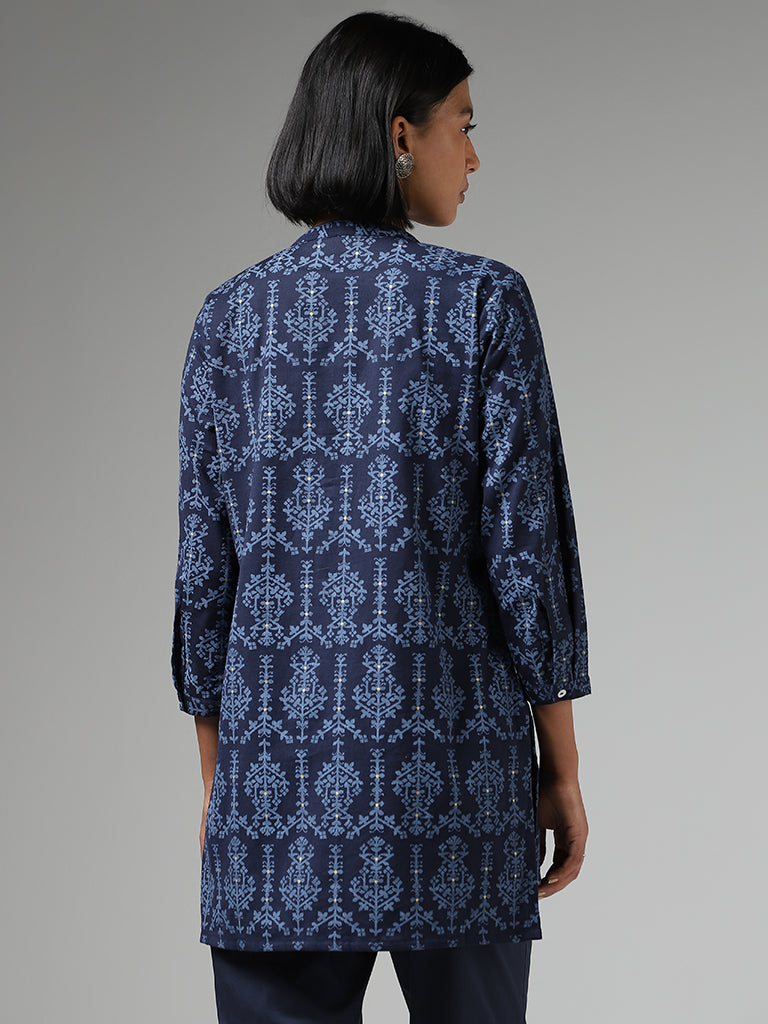 Utsa Navy Blue Printed High Low Kurti