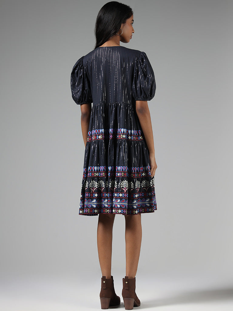 Bombay Paisley Abstract Embroidered Black Dress