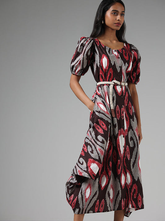 Bombay Paisley Maroon Ikat Printed Dress with Braided Belt