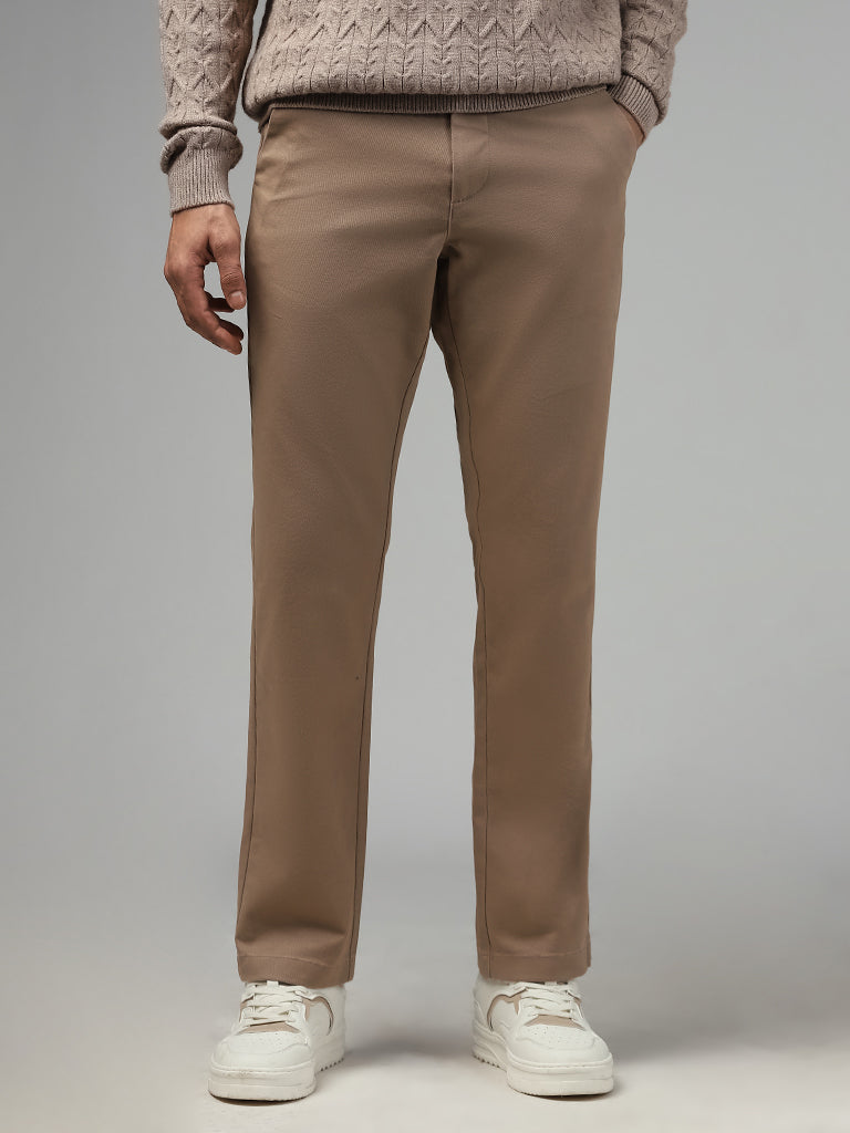 Ascot Solid Beige Relaxed-Fit Mid-Rise Chinos