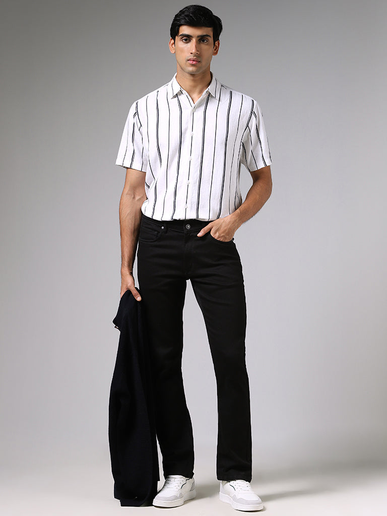 Ascot White Striped Relaxed-Fit Blended Linen Shirt