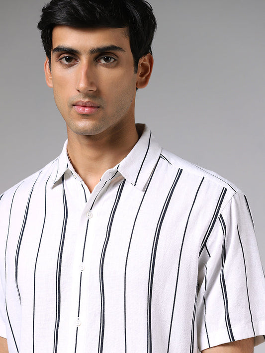 Ascot White Striped Relaxed-Fit Blended Linen Shirt