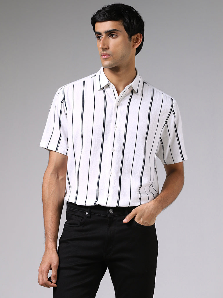 Ascot White Striped Relaxed-Fit Blended Linen Shirt