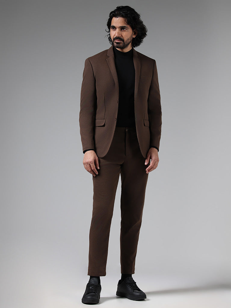 WES Formals Solid Dark Brown Slim-Fit Mid-Rise Trousers