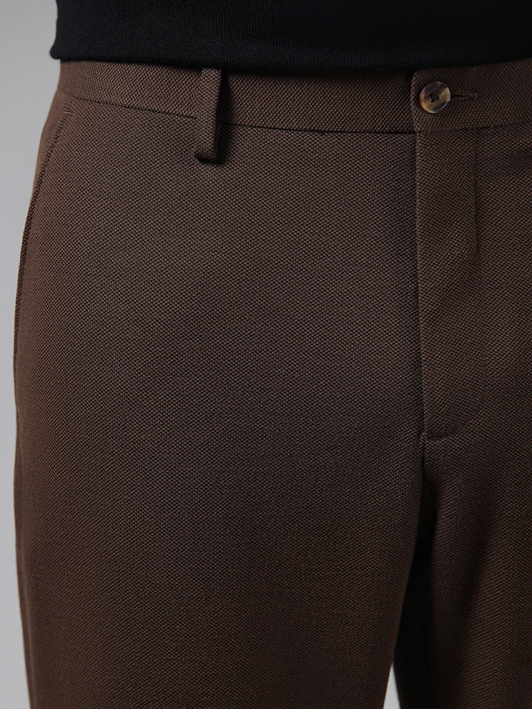 WES Formals Solid Dark Brown Slim-Fit Mid-Rise Trousers