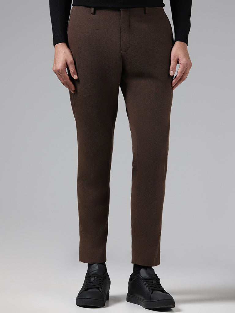 WES Formals Solid Dark Brown Slim-Fit Mid-Rise Trousers