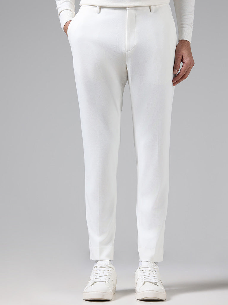 WES Formals Solid Off White Slim-Fit Mid-Rise Trousers