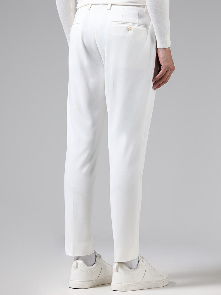 WES Formals Solid Off White Slim-Fit Mid-Rise Trousers