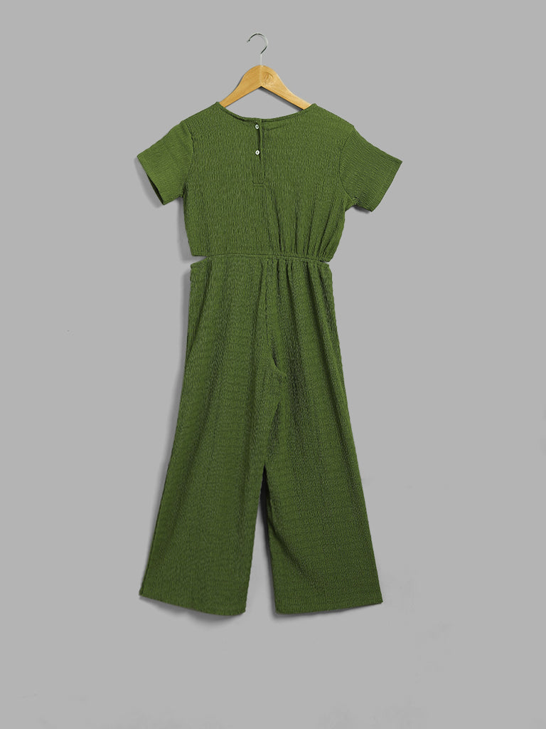 Y&F Kids Green Crinkle Side Cut - Out Jumpsuit