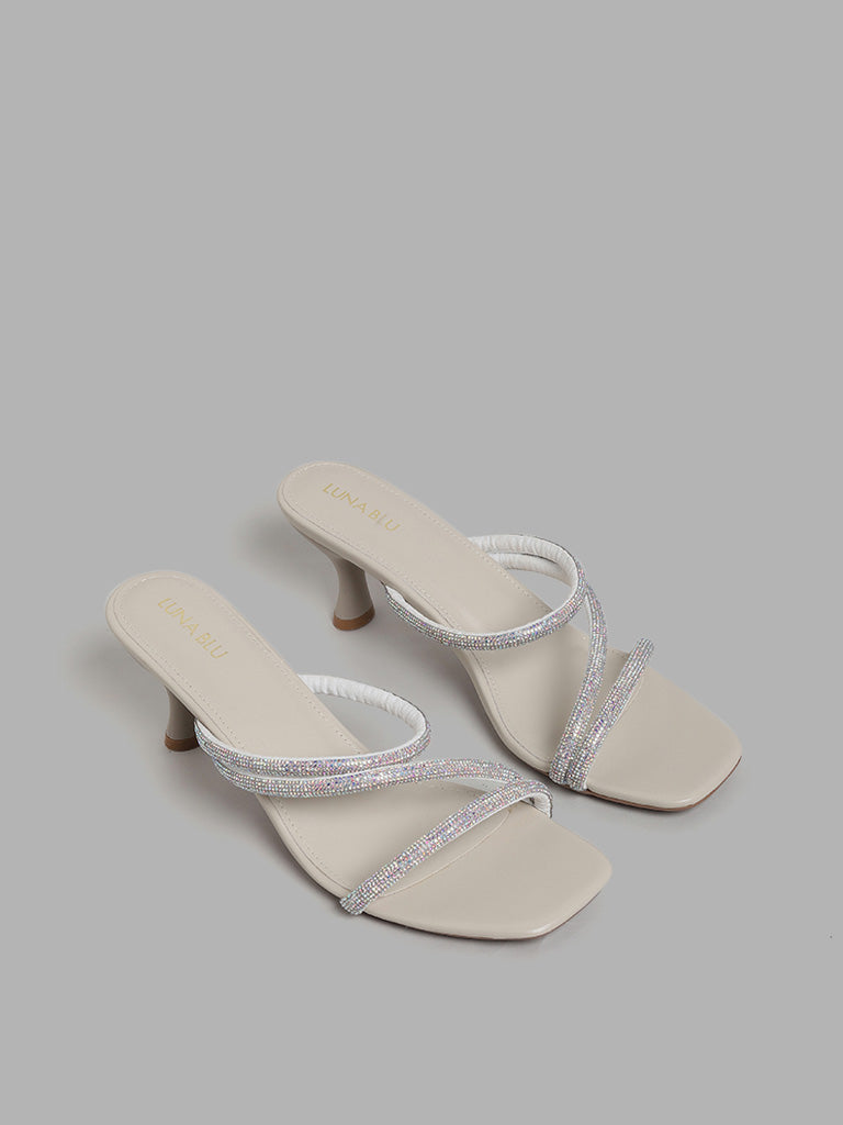 LUNA BLU Ivory Three Band Embellished Heel Sandals