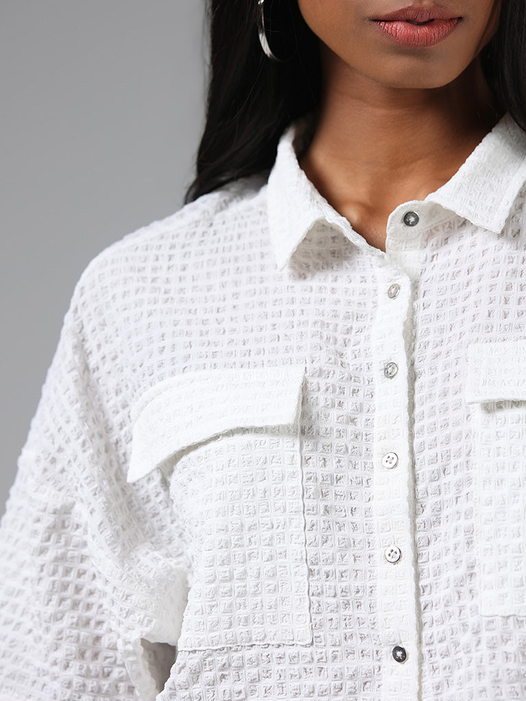 Nuon White Self Textured Crop Shirt