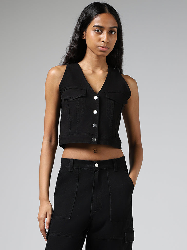 Nuon Solid Black Denim Crop Waistcoat