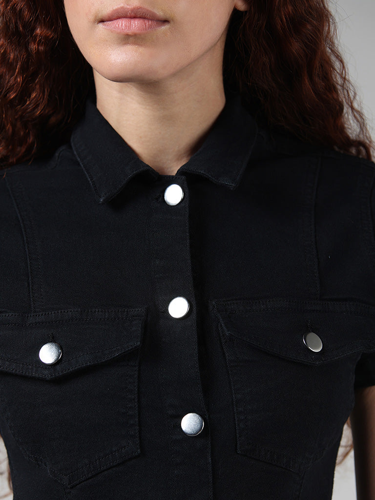 Nuon Solid Black Button Down Denim Dress