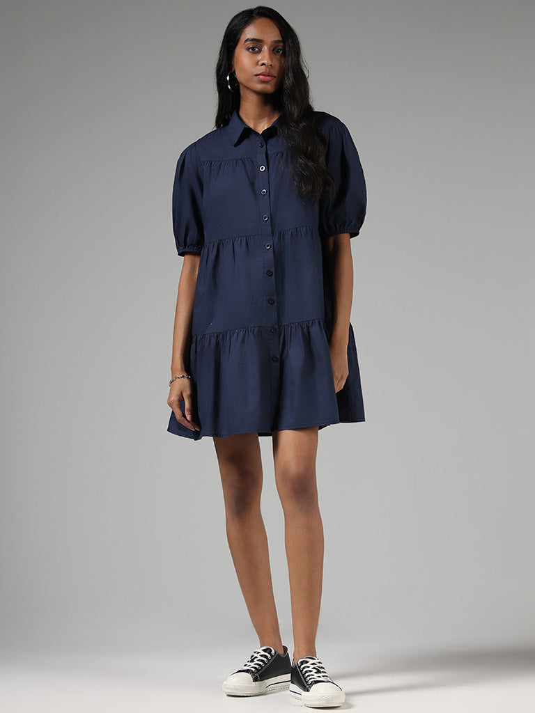 Nuon Solid Navy Blue Tiered Shirt Dress