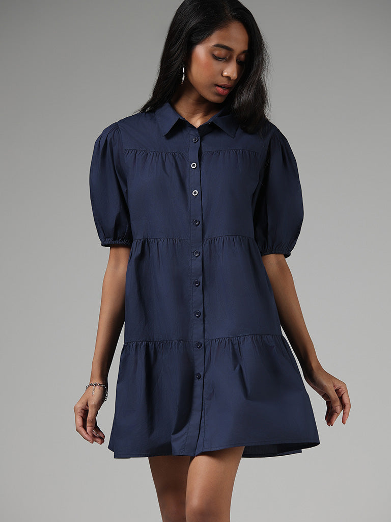 Nuon Solid Navy Blue Tiered Shirt Dress