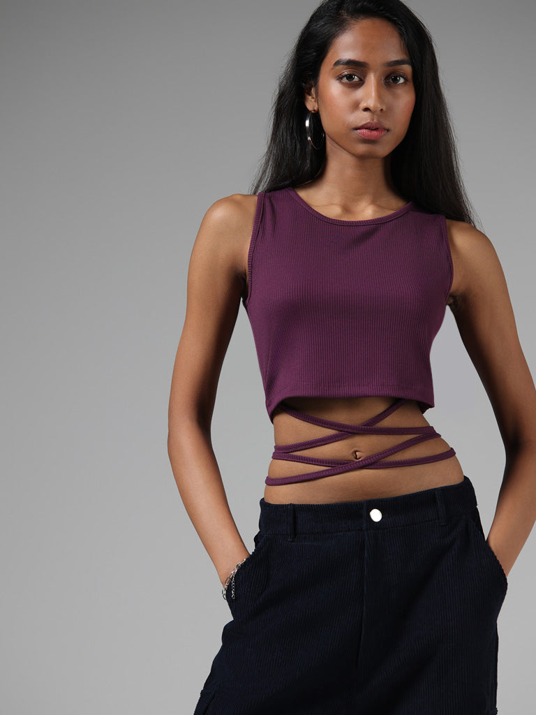 Nuon Solid Plum Tie-Up Crop Tank Top