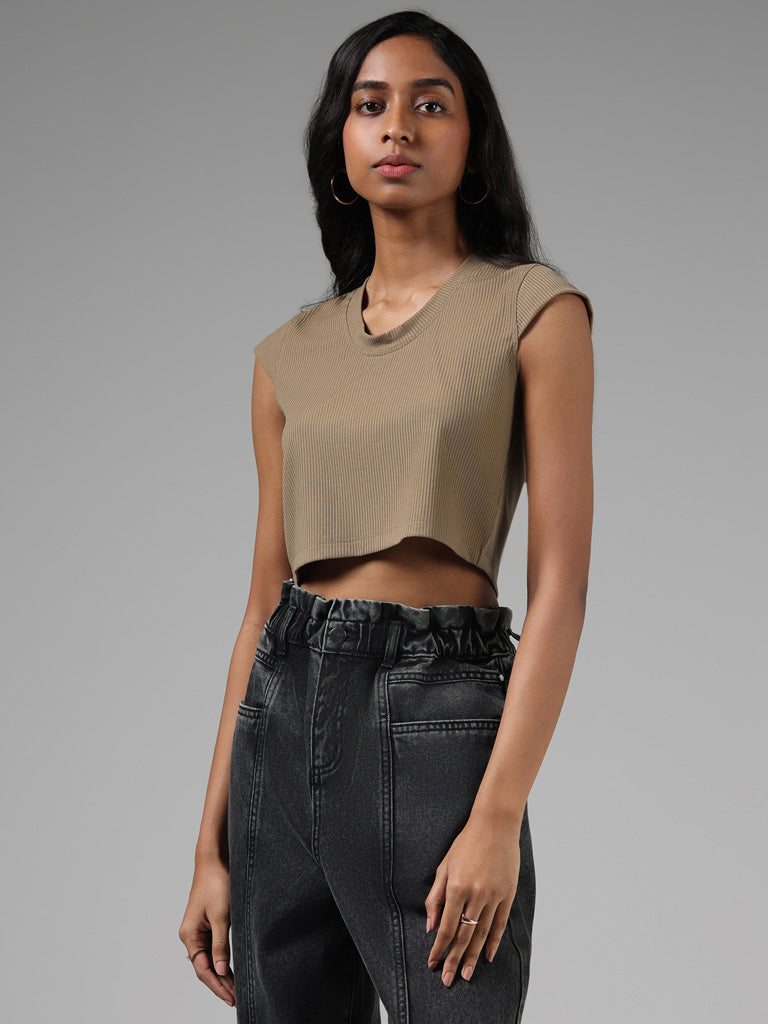 Nuon Self-Striped Dark Beige Crop Top