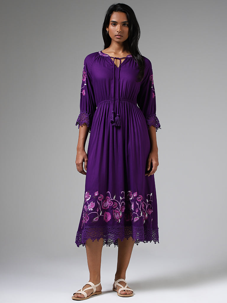 LOV Purple Floral Embroidered Lace Insert Dress