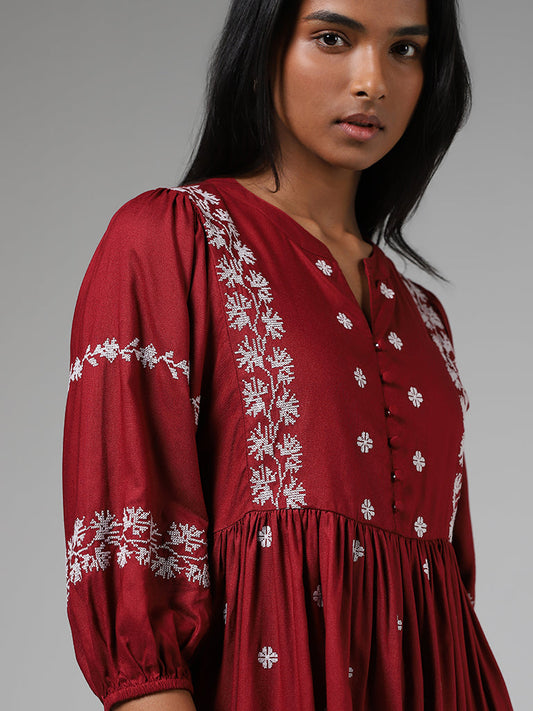 LOV Burgundy Embroidered Gathered Dress