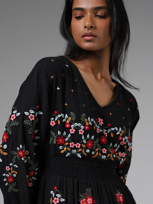 LOV Black Floral Embroidered Tiered Dress