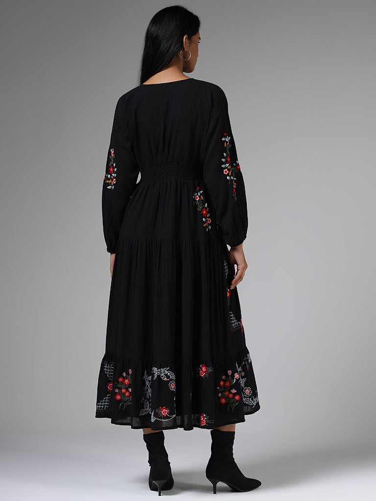 LOV Black Floral Embroidered Tiered Dress