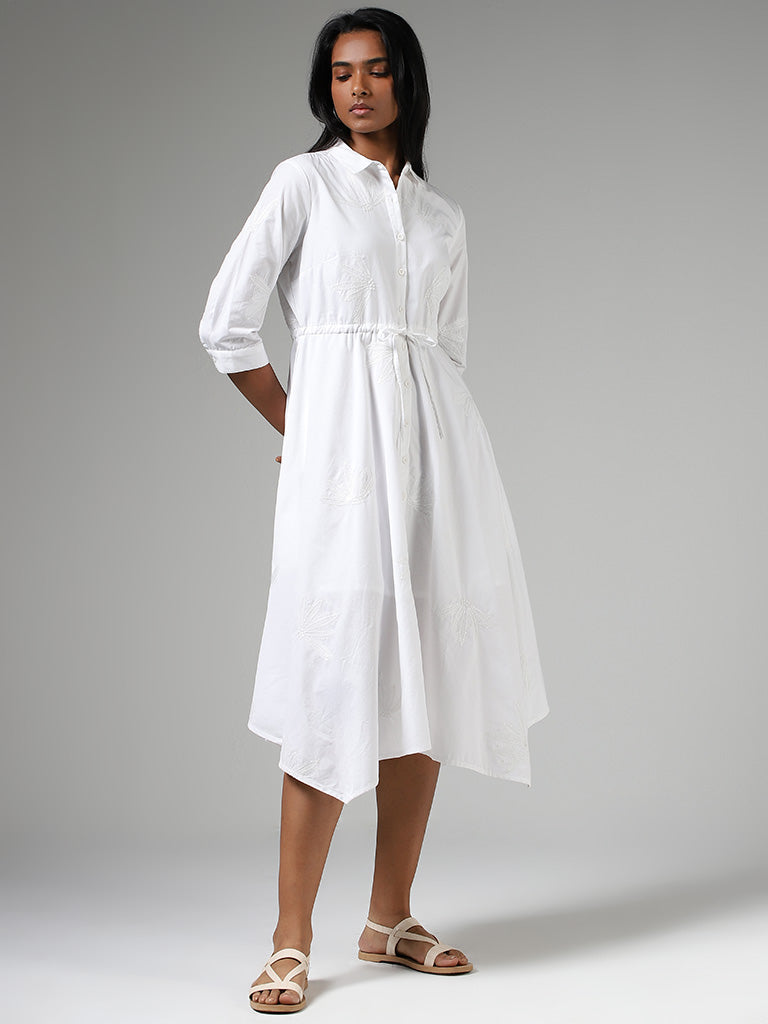 LOV White Sequin Embroidered Buttoned Down Dress